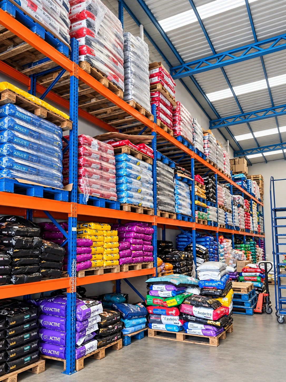 Depósito con stock y pallets de alimento
